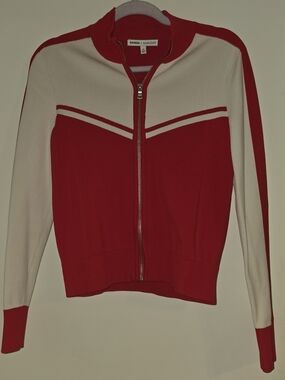 Express Red and White Zip Front Colorblock Bomber Jacket